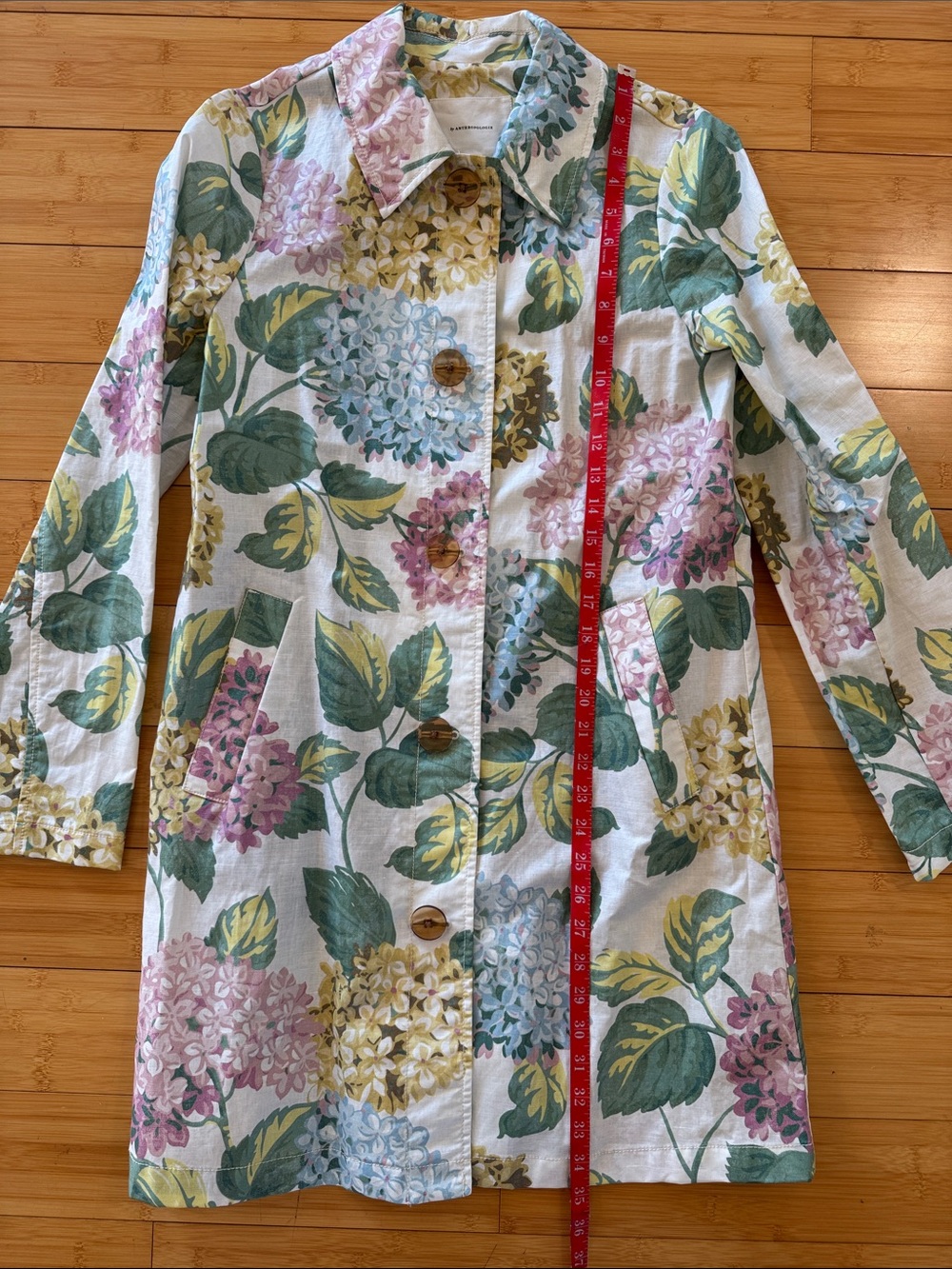 Anthropologie Floral Hydrangea Trench Coat - White with Green, Pink & Blue - Picture 2 of 5